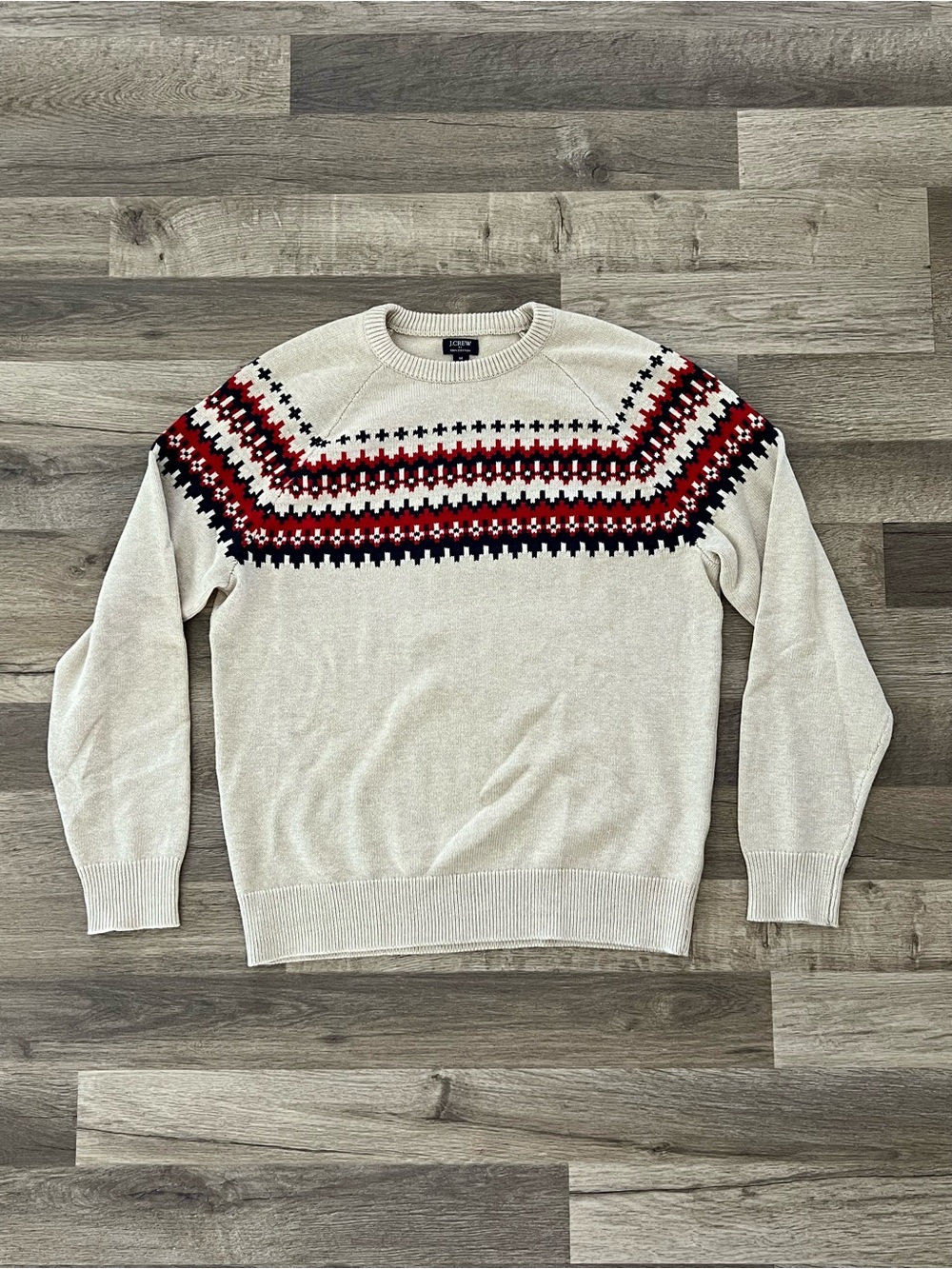 J. Crew Cream Crewneck knit with Red and navy Fair Isle Yoke - Men’s - size M